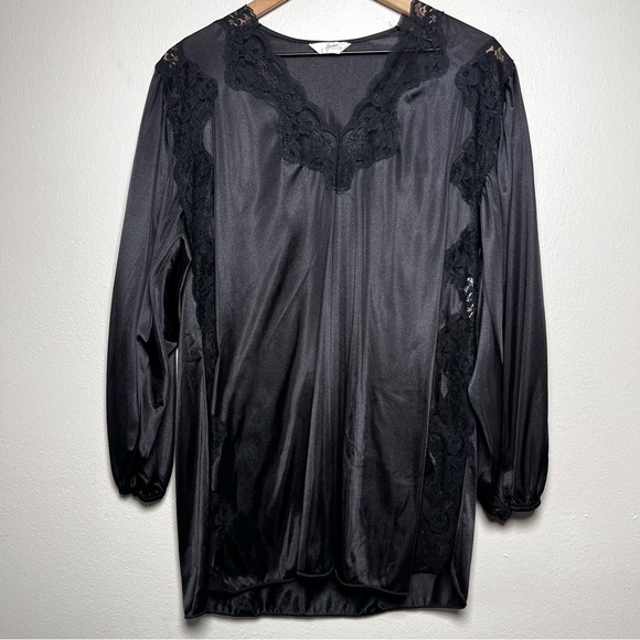 VTG 80s Henson Kickernick Women Nylon Dress Medium Black Lace High Slit - Picture 1 of 10